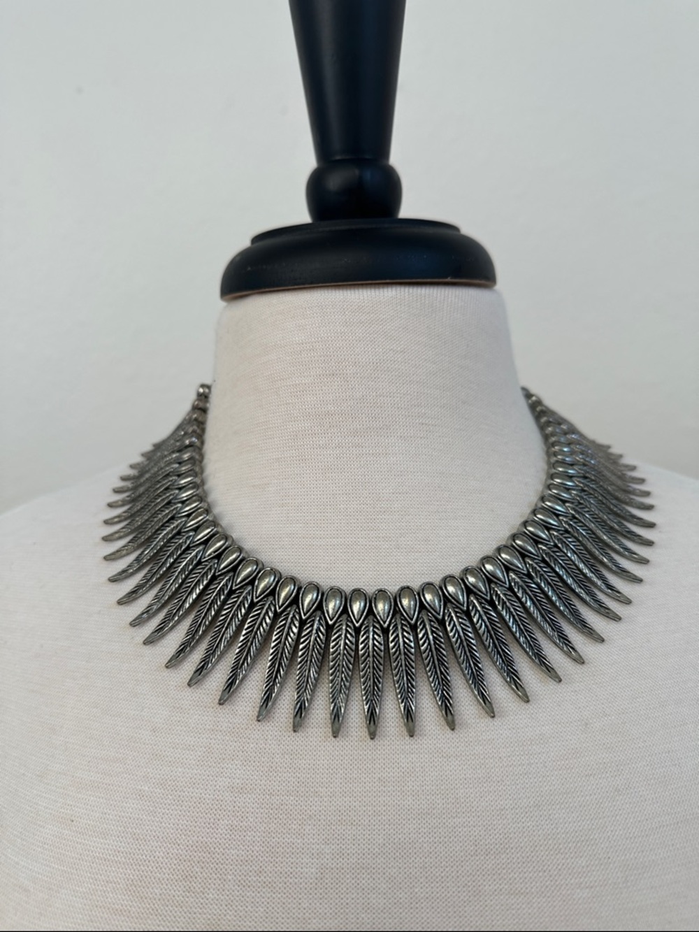 Antique Silver Feather Fringe Statement Necklace